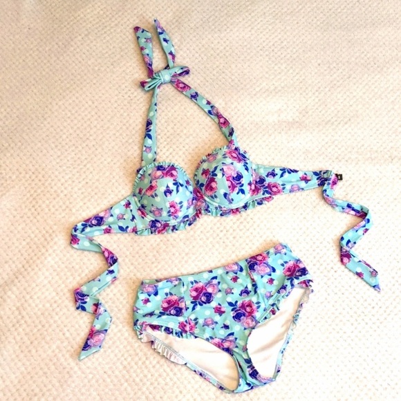Hot Topic Other - FINAL DROP 🚨 NWOT SET vintage floral aqua push-up bikini sailor swim set